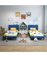 Sugift Twin Size Upholstered Platform Bed with with Button Tufted Linen Fabric Headboard