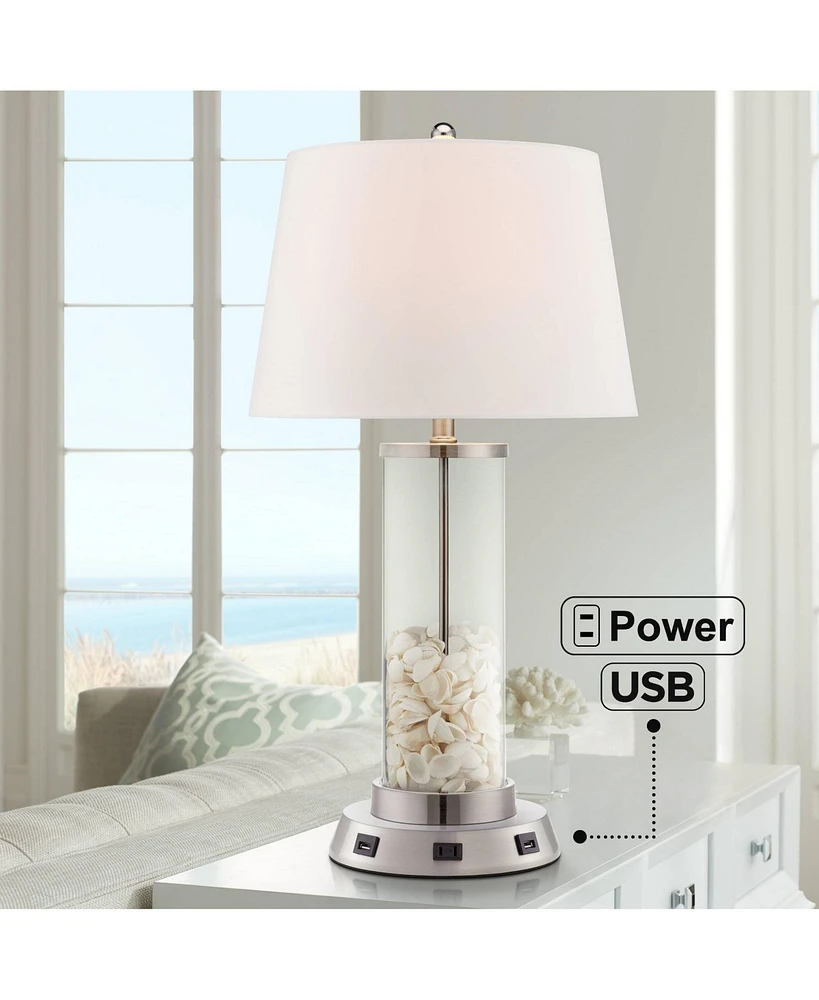 Modern Table Lamp with Usb and Ac Power Outlet Workstation Charging Base 26.25" High Cylinder Fillable Clear Glass Brushed Nickel White Drum Shad
