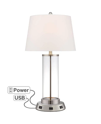 Modern Table Lamp with Usb and Ac Power Outlet Workstation Charging Base 26.25" High Cylinder Fillable Clear Glass Brushed Nickel White Drum Shad