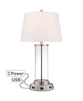 Modern Table Lamp with Usb and Ac Power Outlet Workstation Charging Base 26.25" High Cylinder Fillable Clear Glass Brushed Nickel White Drum Shad