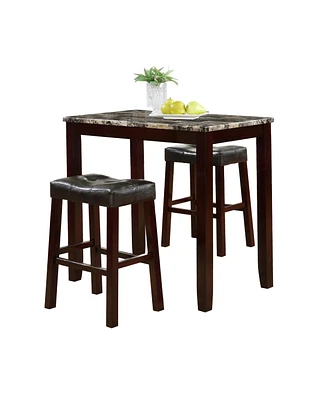 3-Piece Counter Height Glossy Print Marble Breakfast Table with Stools, Espresso