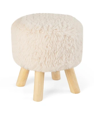 Round Footstool Ottoman Faux Fur Footrest with Padded Seat and Rubber Wood Legs