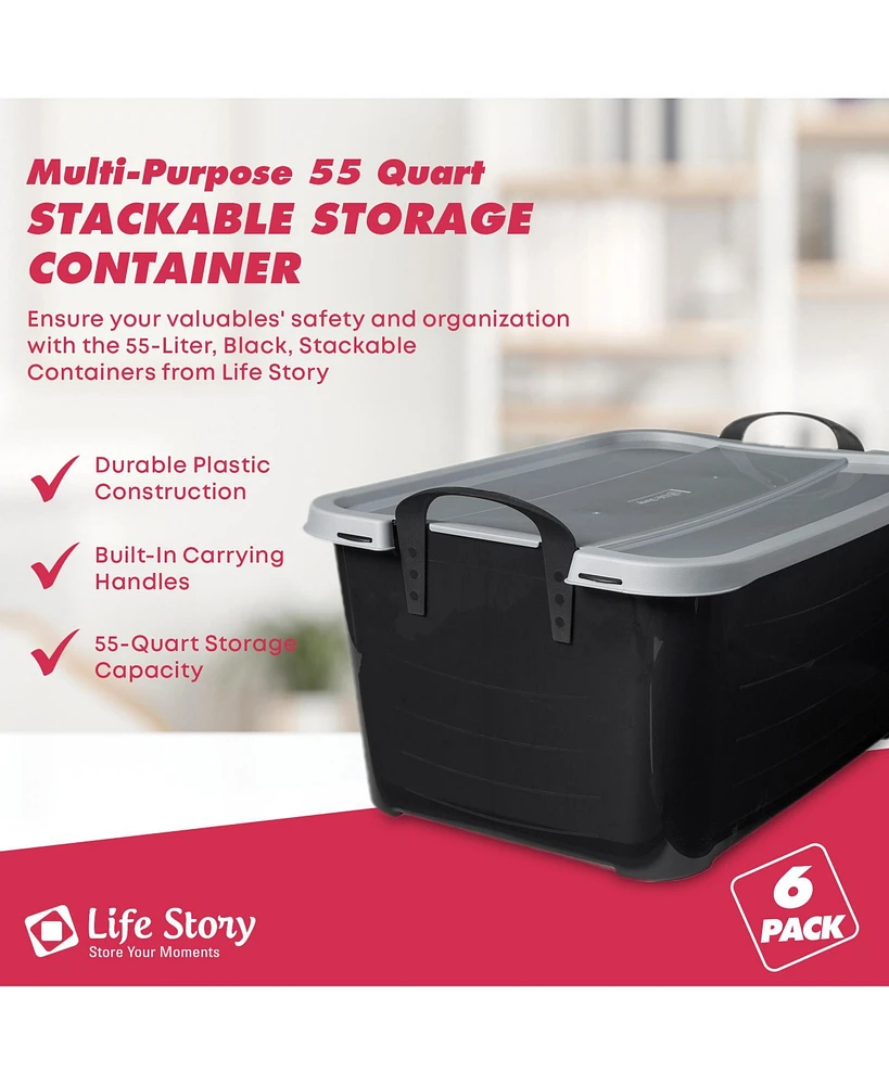 Life Story 55 Qt Stackable Home Organization Lidded Storage Container, (6 Pack)