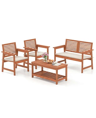 4 Pcs Patio Conversation Set with Soft Seat Cushions 2-Tier Rectangle Coffee Table