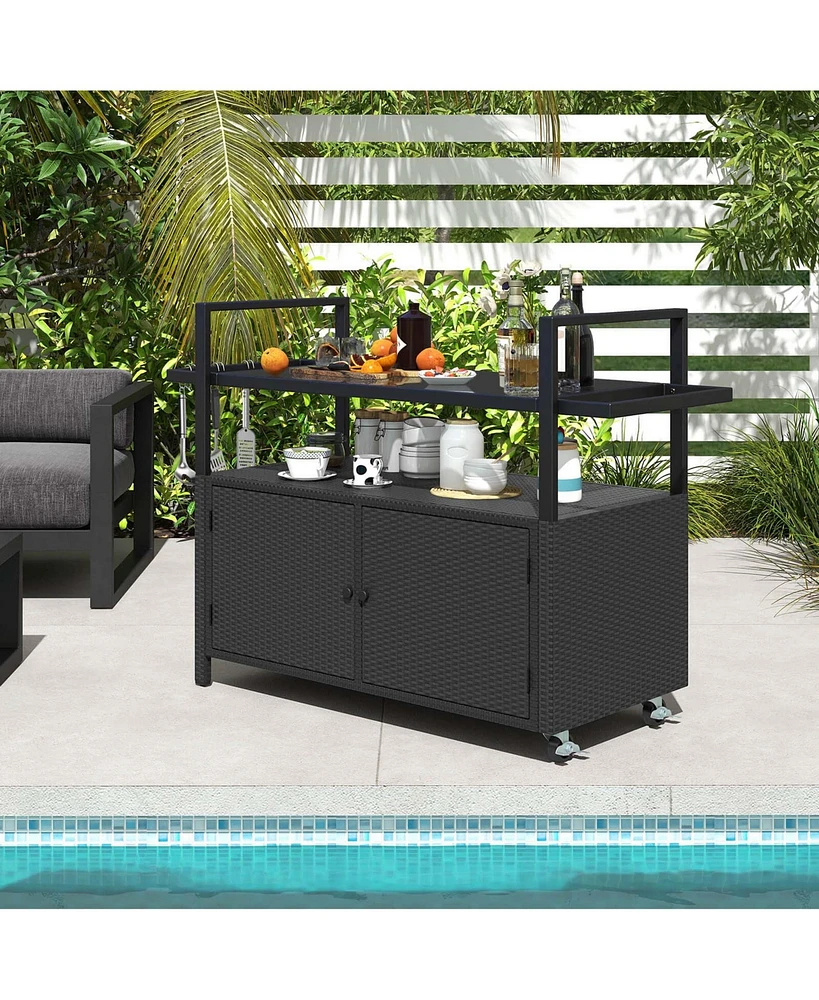 Outdoor Bar Cart with Tempered Glass Top Storage Cabinet & 8 Hooks for Porch