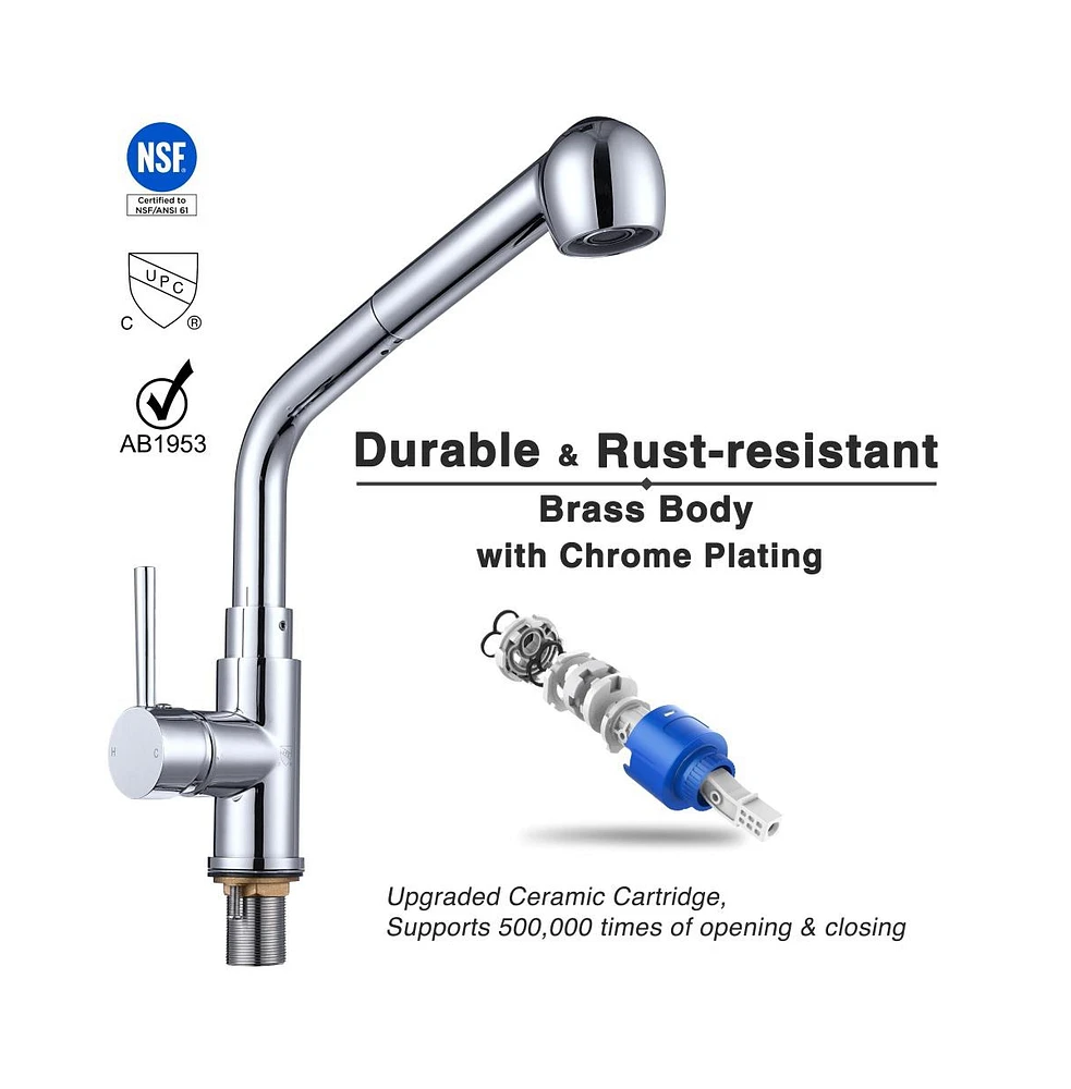 Stainless Steel Kitchen Sink Faucet Pull Out Dual Function Mixer Taps 1 Handle Long Neck