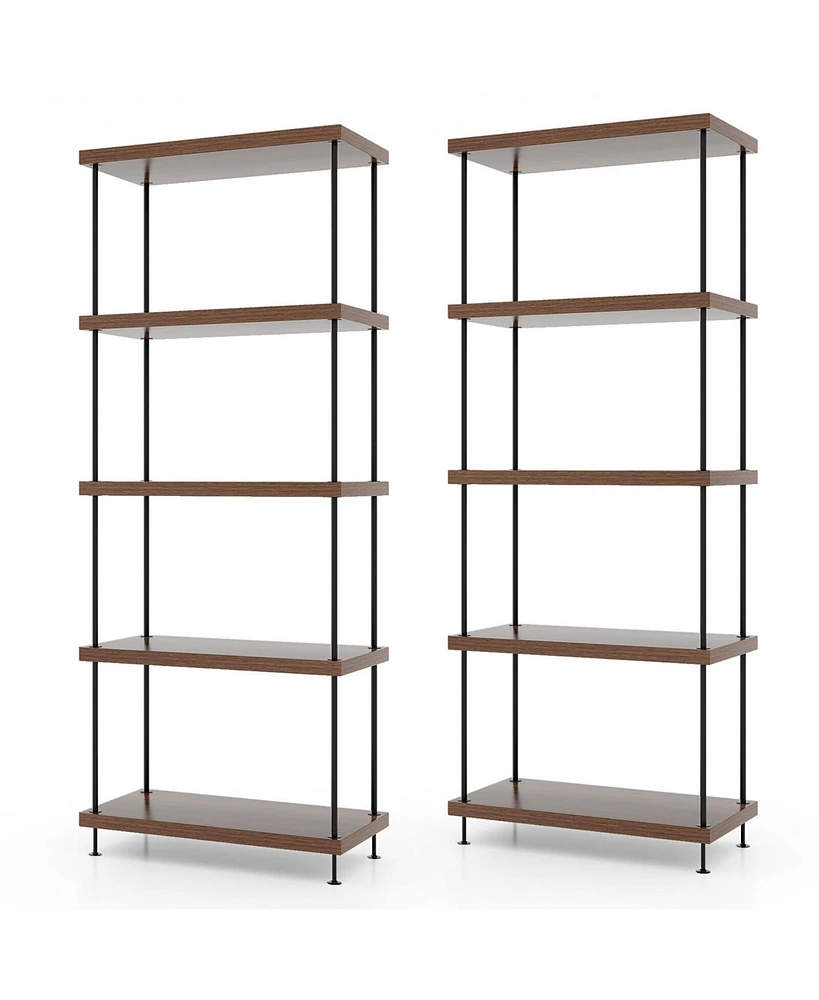 Gymax 2PCS 5-Tier Multipurpose Display Rack Freestanding Bookshelf w/ Metal Frame Walnut