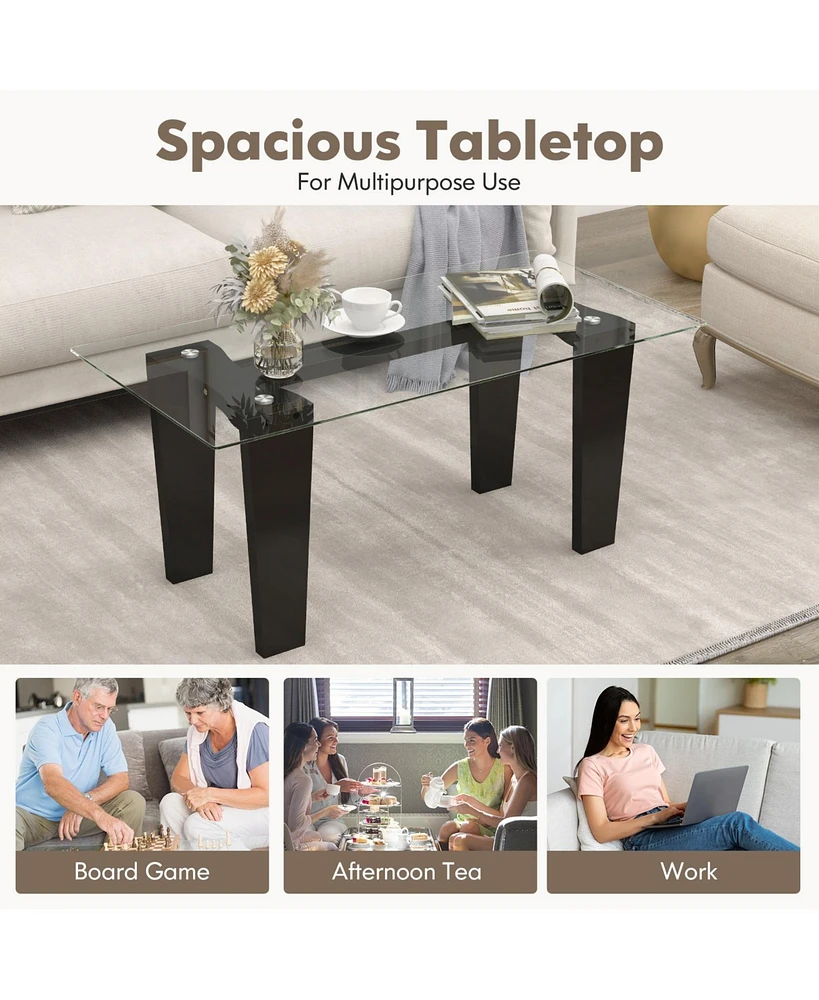 39.5 Inch Glass Coffee Table Modern Rectangular Center Table with Solid Rubber Wood Legs-Black