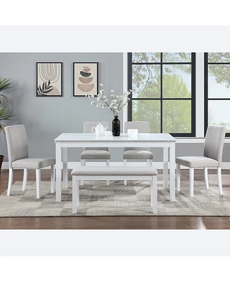 White Rectangular Dining Table with Bench for 6
