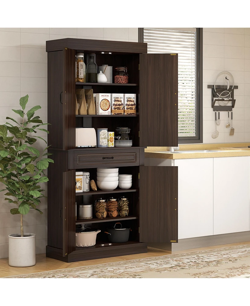 Freestanding Kitchen Pantry with 4 Doors, Cabinets, and Drawer