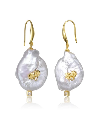 Genevive Sterling Silver Gold Plated with Genuine Freshwater Pearl Hook Earrings