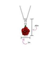 Bling Jewelry Delicate Floral Blooming 3D Red Rose Flower Green Cz Accent Pendant Necklace Sterling Silver