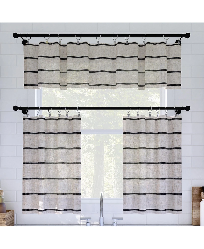 Twill Stripe Anti-Dust Linen Blend Sheer Cafe Curtain Pair