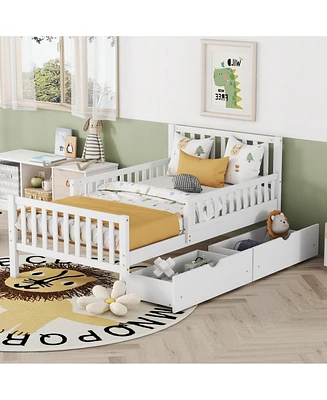 Twin Wood Platform Bed with Guardrails on Both Sides and Two Storage Drawers, Gray
