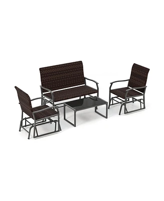 4 Piece Patio Gliding Set Wicker Swing Glider Furniture Set All Weather witrh Tempered Glass Coffee Table-Brown