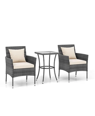 3 Pieces Patio Furniture Set with Cushioned Patio Chairs and Tempered Glass Coffee Table-White