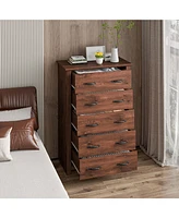 Tall Storage Dresser with 5 Pull-out Drawers for Bedroom Living Room-Walnut