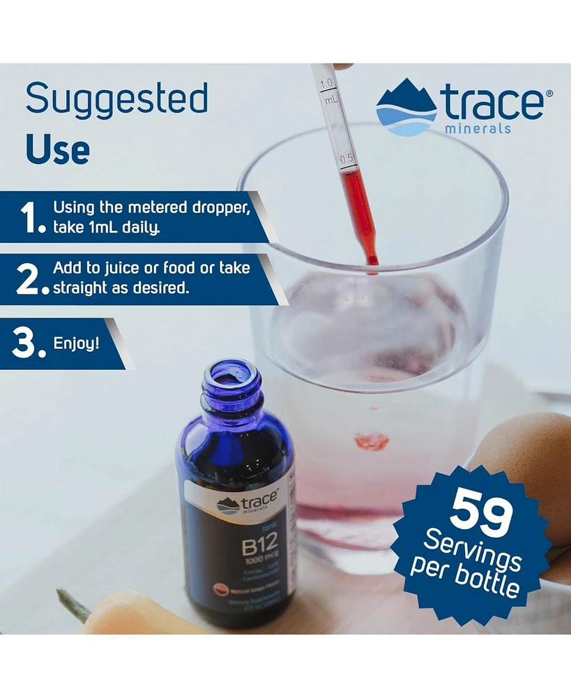 Trace Minerals Liquid Ionic Vitamin B12 1000 mcg | Dietary Supplement Powerd by Concentrace Full Spectrum Ionic Minerals | 2 fl oz, 59 Servings