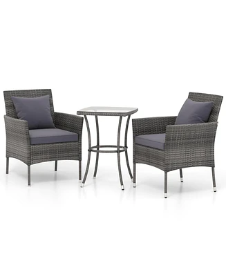 3 Pieces Patio Furniture Set with Cushioned Patio Chairs and Tempered Glass Coffee Table-Gray