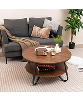 2-Tier Round Coffee Table with Wood Grain Finish & Heavy-duty Metal Frame