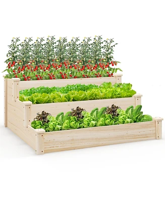 3-Tier Wooden Raised Garden Bed with Open-Ended Base Growing Planter for Backyard