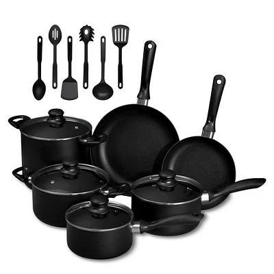 16-Piece Kitchen Hard-Anodized Aluminum Nonstick Cookware Set with Silicone Kitchen Utensils
