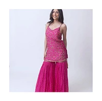 Raas Women's Pink Sharara Suit with Golden Hand Embroidered Kurta