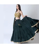 Raas Women's Green and Gold Lehenga Choli Set with Mirror Work Blouse Embellished Dupatta