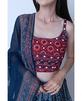 Raas Women's Blue and Red Bandhani Ajrakh Print Lehenga Choli