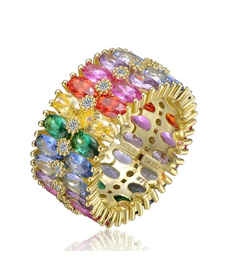 Sterling Silver 14k Gold Plated Rainbow Cubic Zirconia Cluster Ring
