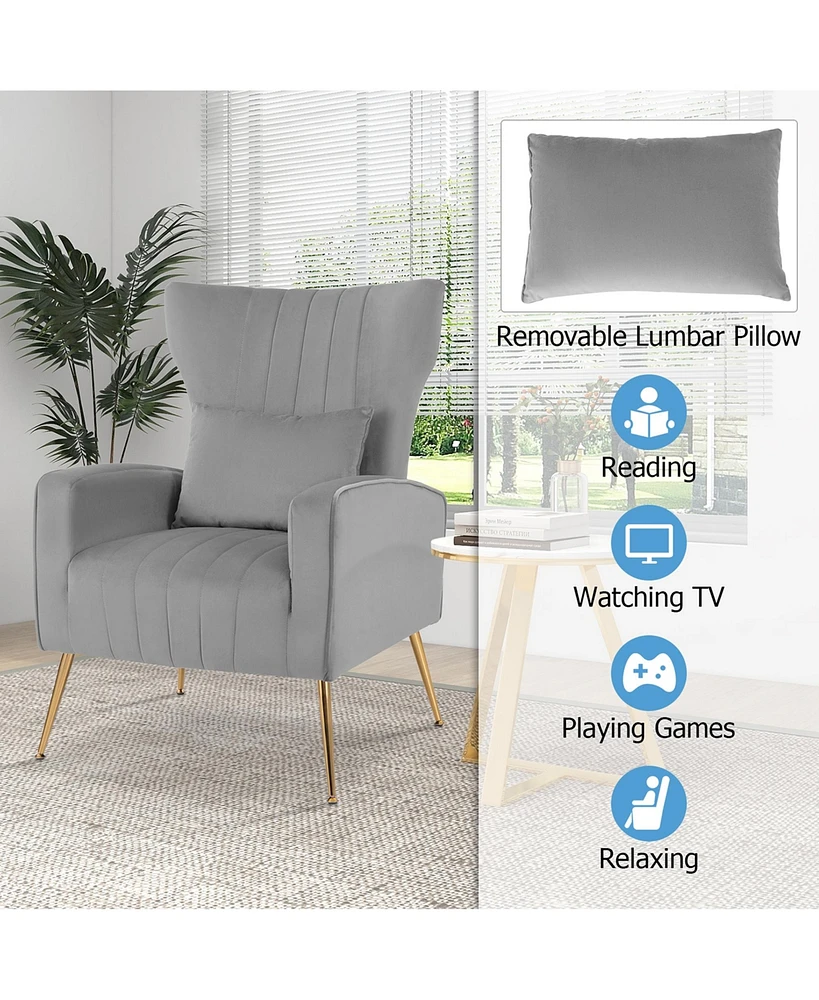 Velvet Upholstered Wingback Chair with Lumbar Pillow & Golden Metal Legs