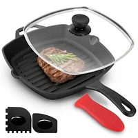 MegaChef 10.4 Inch Pre-Seasoned Cast Iron Griddle with Tempered Glass Lid