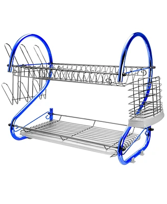 MegaChef 16 Inch Two Shelf Iron Wire Dish Rack in Blue