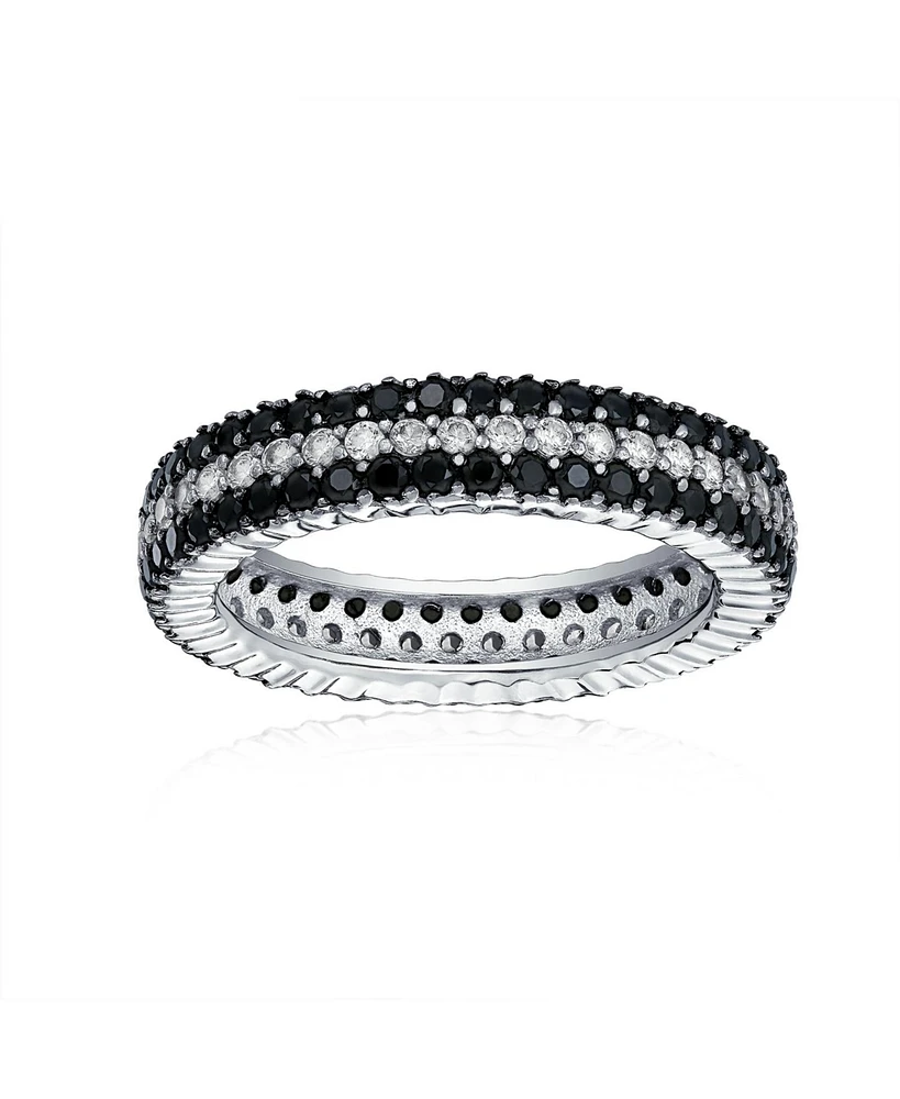 Bling Jewelry Pave Cubic Zirconia Two Tone 3 Row Stripe Cz Statement Black & White Eternity Band Ring .925 Sterling Silver