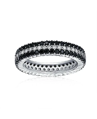 Bling Jewelry Pave Cubic Zirconia Two Tone 3 Row Stripe Cz Statement Black & White Eternity Band Ring .925 Sterling Silver