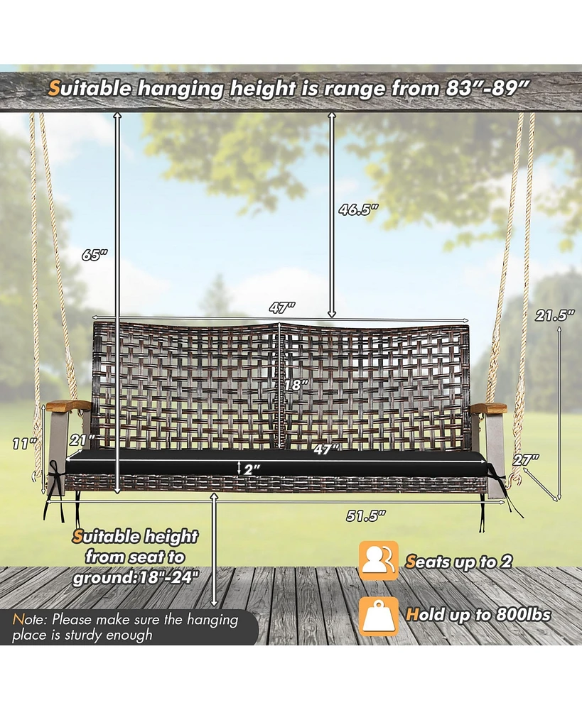 2-Person Patio Rattan Hanging Swing Chair Porch Loveseat Cushion Off White