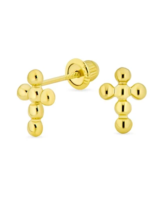 Bling Jewelry Tiny Minimalist Religious Christian Mini Ball Bubble Cross Stud Earrings 14K Yellow Gold Safety Screw back