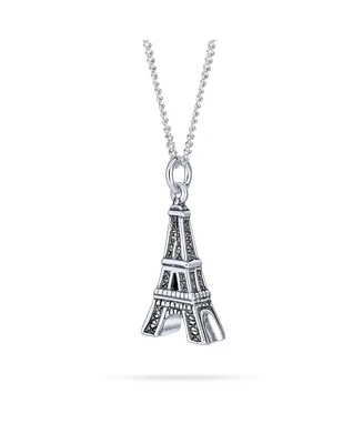 Bling Jewelry French Vacation Cz Accent Dangling Paris France Eiffel Tower Pendant Necklace Oxidized .925 Sterling Silver
