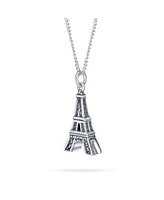 Bling Jewelry French Vacation Cz Accent Dangling Paris France Eiffel Tower Pendant Necklace Oxidized .925 Sterling Silver