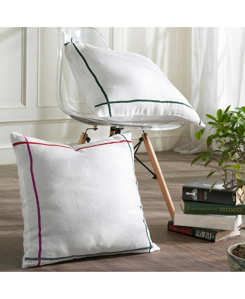 Ihi Home Solid Linen Pillow with Multicolor Strips, 20"Sq