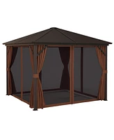 Outsunny 10' x 10' Aluminum Hardtop Gazebo Canopy with Hook, Curtains, Dark Brown