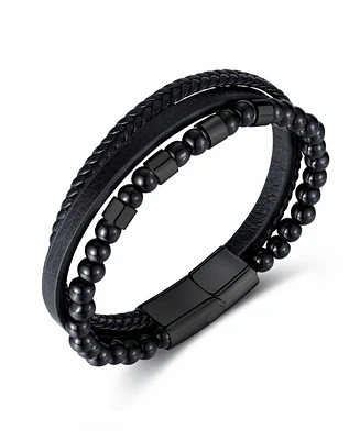Rhona Sutton Leather Black Beaded Stainless Steel Bracelet