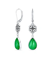 Bling Jewelry Dyed Green Jade Filigree Teardrop Pear Shaped Good Fortune Lever Back Dangle Earrings .925 Sterling Silver