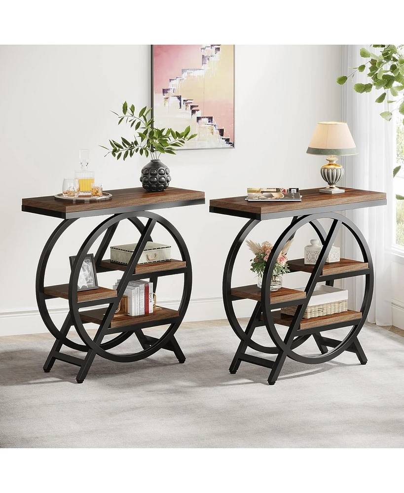Tribesigns End Table Set of 2, 3-Tier Narrow Sofa Side Table with Storage for Living Room, Wood End Table with Geometric Metal Frame, Industrial Night