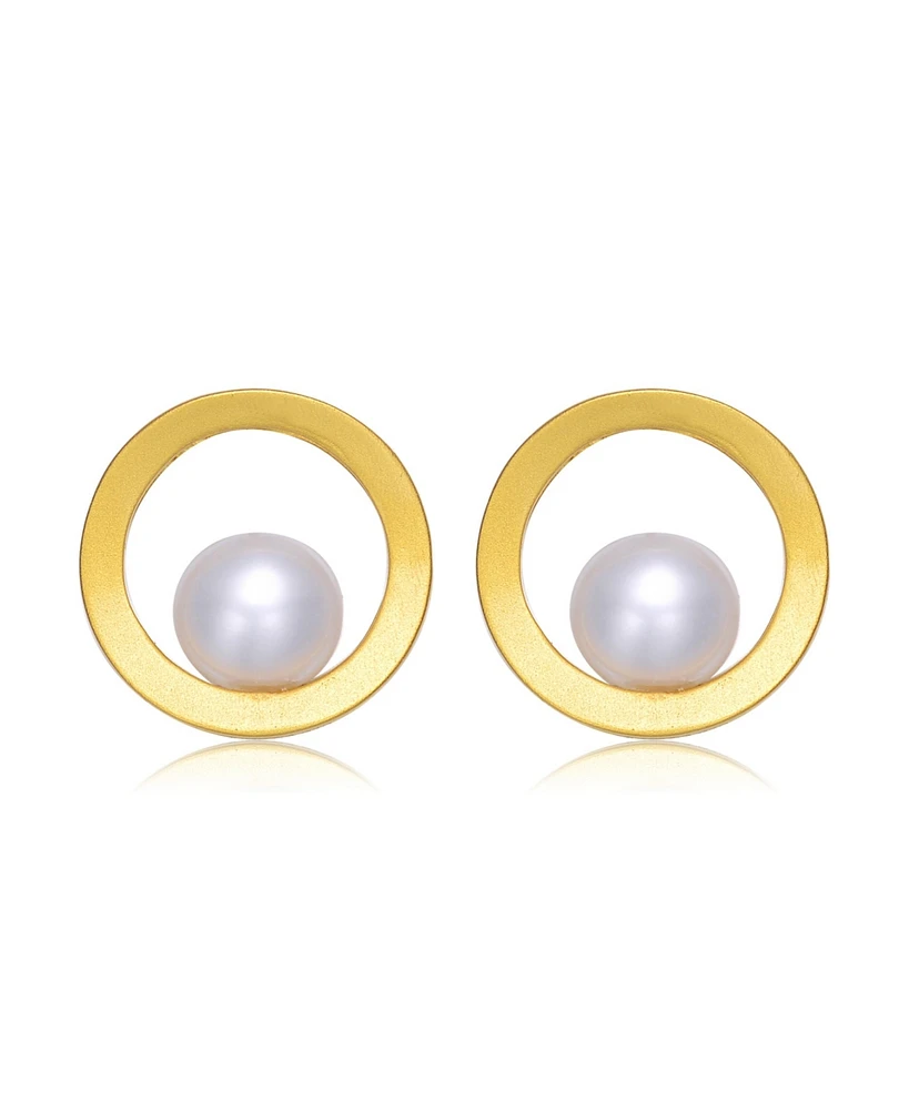 Genevive Sterling Silver 14k Gold Plated with Genuine Freshwater Round Pearl Stud Earrings