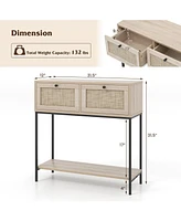 Rattan Console Table with 2 Rattan Drawers & Open Storage Shelf Metal Legs