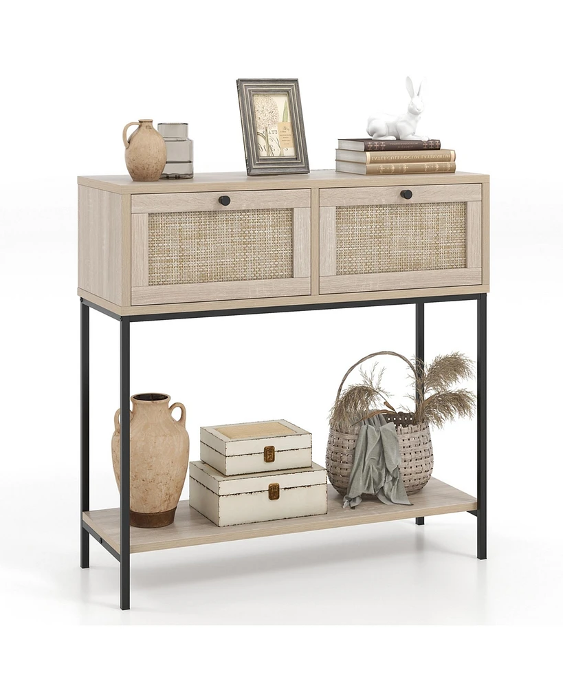 Rattan Console Table with 2 Rattan Drawers & Open Storage Shelf Metal Legs