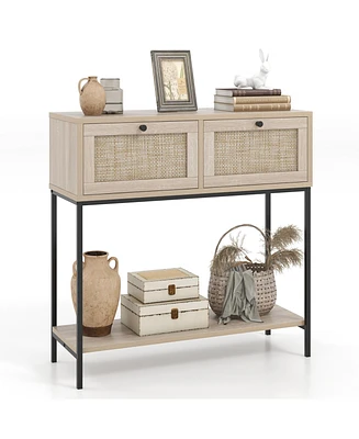 Rattan Console Table with 2 Rattan Drawers & Open Storage Shelf Metal Legs