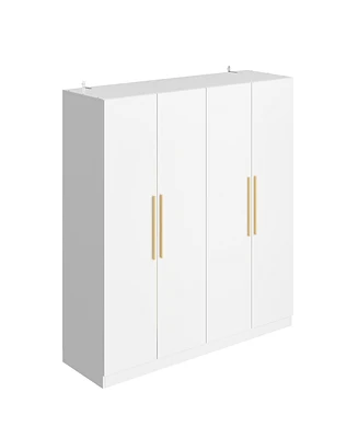 Famapy Grey Wood 4-Door Wardrobe Armoires with Hanging Rod and Storage Shelves