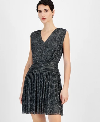 Boss Orange Women's Metallic Pleated V-Neck Mini Dress